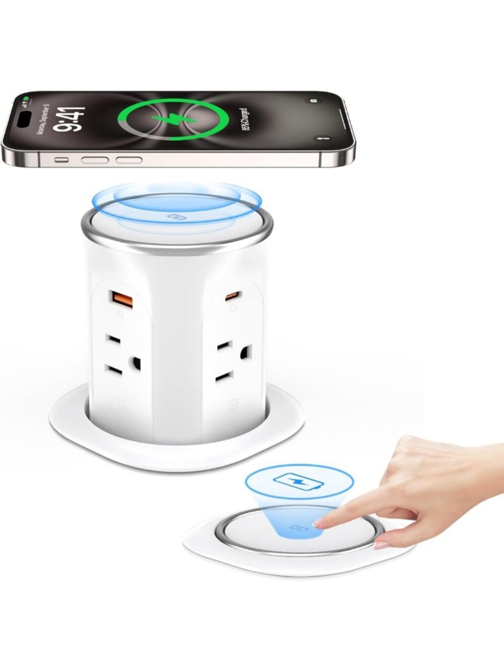3.15” Motorized Pop Up Outlet with Wireless Charger & 20W USB - White, 3FT